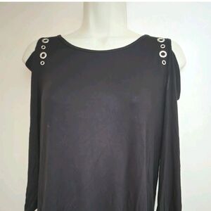 Elegant Black 3/4 Sleeve Top Cold Shoulder with silver  Grommet Accents